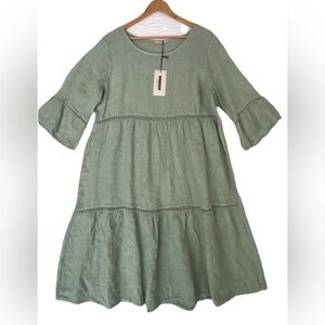 NWT Lung L'arno 100% Linen Dress Lattice Sage Green Lagenlook Large
